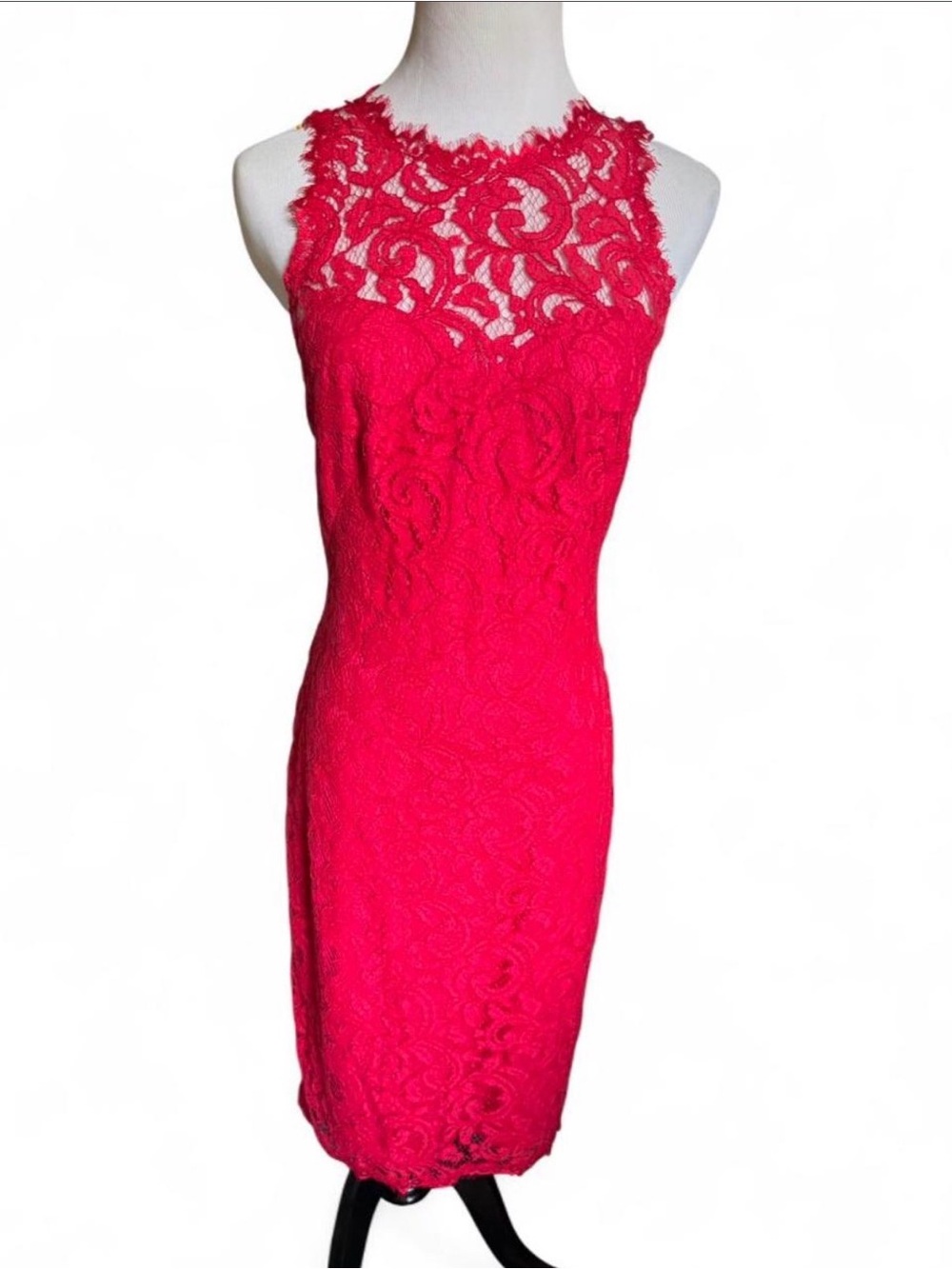 Tadashi Shoji Red Lace Sheath Dress Size 2 Floral Scroll Cocktail Evening